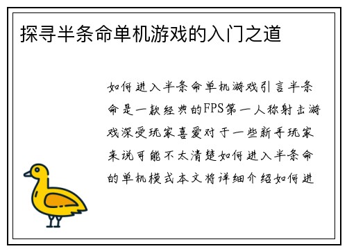 探寻半条命单机游戏的入门之道